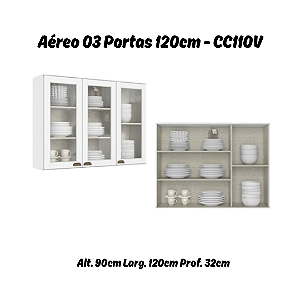 Aéreo 03 Portas Vidro 120cm 100%MDF - Ref. CC110V - Branco - Linha Classy - Thb Móveis