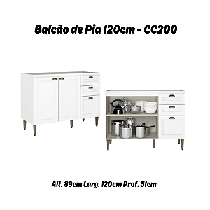 Balcão 02 Portas 03 Gavetas 120cm - Ref. CC200 - Branco - Linha Classy - Thb Moveis