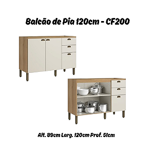 Balcão 02 Portas 03 Gavetas 120cm - Ref. CF200 - Capuccino/Off White - Linha Finesse - Thb Móveis