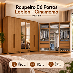 Roupeiro 260cm 06 Portas Leblon c/ Espelho - D327-214 - Cinamomo - Moveis Henn