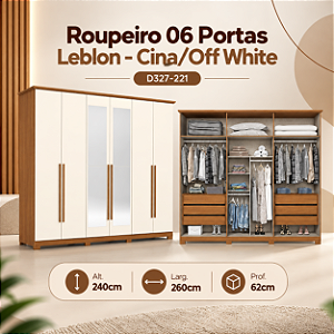 Roupeiro 260cm 06 Portas Leblon c/ Espelho - D327-221 - Cinamomo/Off White - Moveis Henn