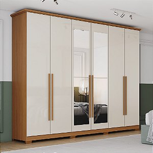 Roupeiro 06 Portas Leblon c/ Espelho - D327-221 - Cinamomo/Off White - Moveis Henn