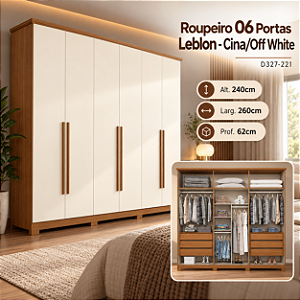 Roupeiro 260cm 06 Portas Leblon - D327-221 - Cinamomo/Off White - Moveis Henn