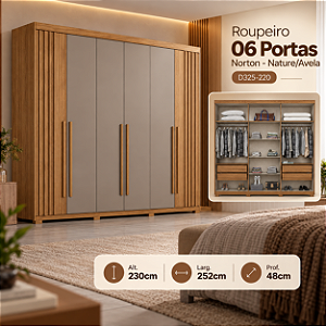 Roupeiro 252cm 06 Portas Norton - D325-222 - Nature/Avela - Moveis Henn