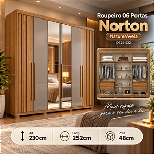 Roupeiro 252cm 06 Portas Norton c/ Espelhos - D325-222 - Nature/Avela - Moveis Henn