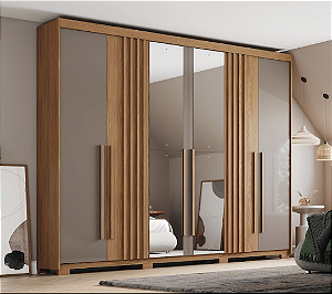 Roupeiro 06 Portas Norton c/ Espelhos - D325-222 - Nature/Avela - Moveis Henn