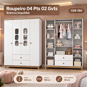 Roupeiro 04 Portas Aconchego -  I129-190 - Branco/Jequitibá - Móveis Henn
