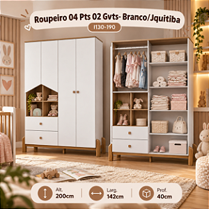 Roupeiro 04 Portas Ternura - I130-190 - Branco/Jequitibá - Móveis Henn