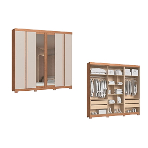 Roupeiro 06 Portas Eros 100% MDF com Espelho - 3450M - Cedro/Branco - Moveis Castro