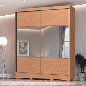 Roupeiro 02 Portas de Correr Pontal 100% MDF c/ Espelho G - 0920M - Cedro - Moveis Castro