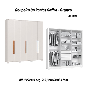 Roupeiro 06 Portas Safira 100% MDF - 3420M - Branco - Moveis Castro