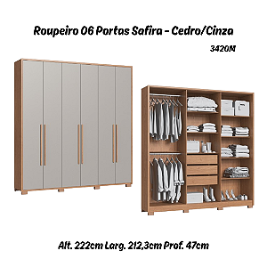 Roupeiro 06 Portas Safira 100% MDF - 3420M - Cedro/Cinza - Moveis Castro