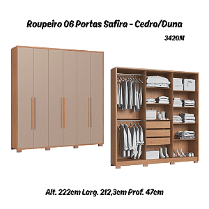Roupeiro 06 Portas Safira 100% MDF - 3420M - Cedro/Duna - Moveis Castro