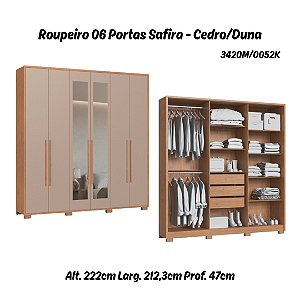 Roupeiro 06 Portas Safira 100% MDF com Espelho - 3420M - Cedro/Duna - Moveis Castro