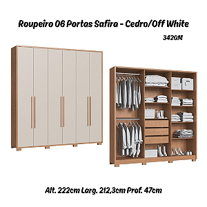 Roupeiro 06 Portas Safira 100% MDF - 3420M - Cedro/Off White - Moveis Castro
