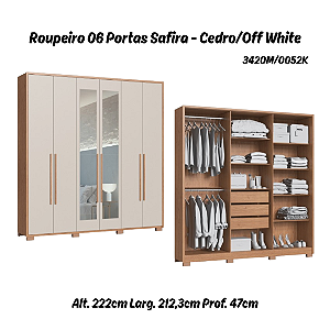 Roupeiro 06 Portas Safira 100% MDF com Espelho - 3420M - Cedro/Off White - Moveis Castro