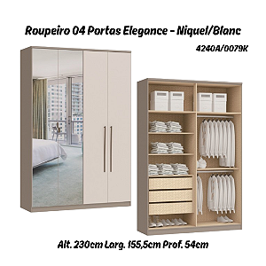 Roupeiro 04 Portas Elegance c/ 02 Portas Espelho - 4240A - Niquel/Blanc - Moveis Castro