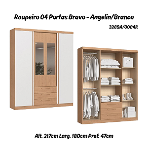 Roupeiro 04 Portas Bravo c/ Espelho P - 3280A - Angelin/Branco - Móveis Castro