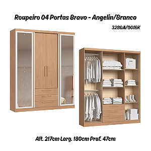 Roupeiro 04 Portas Bravo c/ Espelho G - 3280A - Angelin/Branco - Móveis Castro