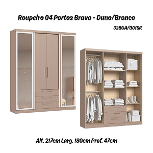 Roupeiro 04 Portas Bravo c/ Espelho G - 3280A - Duna/Branco - Móveis Castro
