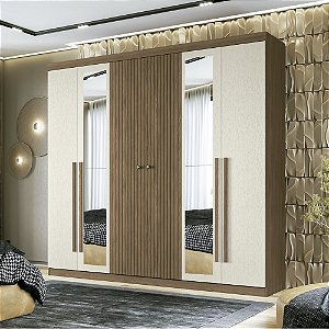 Roupeiro 06 Portas 04 Gavetas Buriti com Espelho - 162343E - Jatoba/Areia - Santos Andira