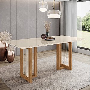 Mesa Yara Retangular 180cm c/ Vidro Ref. SC81-127 - Nature / Off White - Móveis Henn