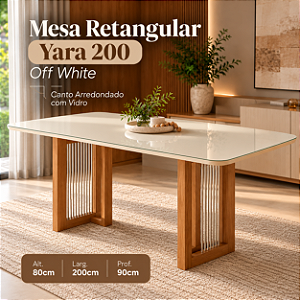 Mesa Yara Retangular 200cm c/ Vidro Ref. SC77-127 - Nature / Off White - Móveis Henn