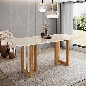 Mesa Yara Retangular 200cm c/ Vidro Ref. SC77-127 - Nature / Off White - Móveis Henn