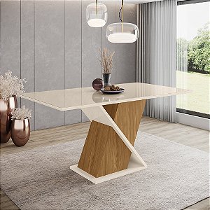 Mesa Solus Retangular 160cm c/ Vidro - Ref. S202-127 - Nature / Off White - Móveis Henn