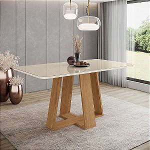 Mesa Lins Retangular 160cm c/ Vidro - Ref. SC92-127 - Nature / Off White - Móveis Henn
