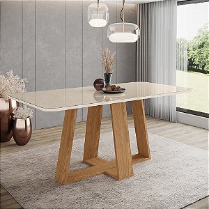 Mesa Lins Retangular 180cm c/ Vidro - Ref. SC95-127 - Nature / Off White - Móveis Henn