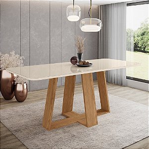 Mesa Lins Retangular 200cm c/ Vidro - Ref. SC96-127 - Nature / Off White - Móveis Henn