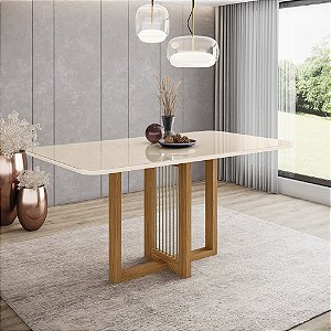 Mesa Natali  Retangular 160cm c/ Vidro Ref. SC71-127 - Nature / Off White - Móveis Henn