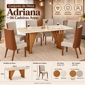 Conjunto de Mesa Adriana 200cm c/ Vidro e Canto Redondo + 06 Cadeiras Anne Corano Caramelo / Linho - Móveis Henn
