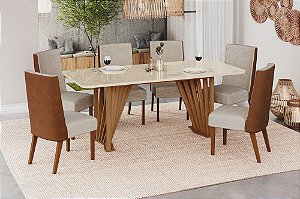 Conjunto de Mesa Adriana 200cm c/ Vidro e Canto Redondo + 06 Cadeiras Anne Corano Caramelo / Linho - Móveis Henn