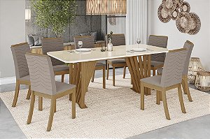 Conjunto de Mesa Adriana 200cm c/ Vidro e Canto Redondo + 08 Cadeiras Isa Bege - Móveis Henn