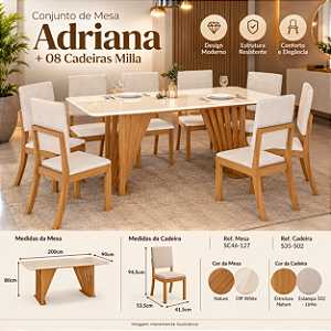 Conjunto de Mesa Adriana 200cm c/ Vidro e Canto Redondo + 08 Cadeiras Milla Linho - Móveis Henn