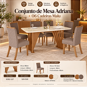 Conjunto de Mesa Adriana 180cm c/ Vidro e Canto Redondo + 06 Cadeiras Malu Marrom Amendoa - Móveis Henn