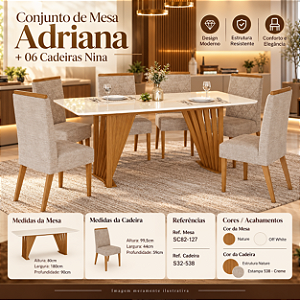 Conjunto de Mesa Adriana 180cm c/ Vidro e Canto Redondo + 06 Cadeiras Nina Creme - Móveis Henn