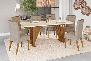 Conjunto de Mesa Adriana 180cm c/ Vidro e Canto Redondo + 06 Cadeiras Nina Creme - Móveis Henn