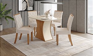 Conjunto de Mesa Luiza 120cm c/ Vidro e Canto Redondo + 04 Cadeiras Vita Linho - Móveis Henn