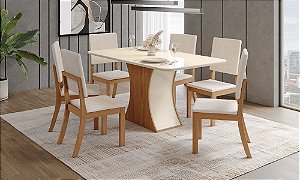 Conjunto de Mesa Luiza 160cm c/ Vidro e Canto Redondo + 06 Cadeiras Milla Linho - Móveis Henn