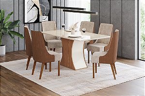 Conjunto de Mesa Luiza 160cm c/ Vidro + 06 Cadeiras Ivy Corano Caramelo / Creme - Móveis Henn