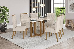 Conjunto de Mesa Natali 160cm c/ Vidro e Canto Redondo + 06 Cadeiras Nina Linho - Móveis Henn