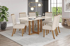 Conjunto de Mesa Natali 160cm c/ Vidro e Canto Redondo + 06 Cadeiras Malu Linho - Móveis Henn