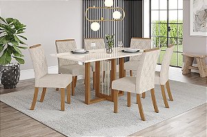 Conjunto de Mesa Natali 160cm c/ Vidro e Canto Reto + 06 Cadeiras Vita Linho - Móveis Henn