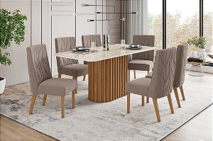 Conjunto de Mesa Solana 180cm c/ Vidro e Canto Redondo + 06 Cadeiras Eloa Marrom Amendoa - Móveis Henn