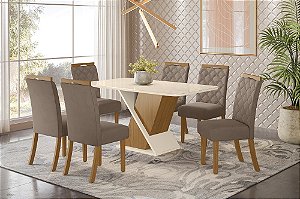 Conjunto de Mesa Solus 160cm c/ Vidro e Canto Redondo + 06 Cadeiras Bella Marrom Amendoa - Móveis Henn