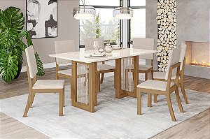 Conjunto de Mesa Yara 160cm + 06 Cadeiras Milla Linho - Móveis Henn