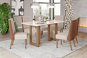 Conjunto de Mesa Yara 160cm c/ Vidro e Cantos Redondos + 06 Cadeiras Anne Corano Caramelo/Linho - Móveis Henn
